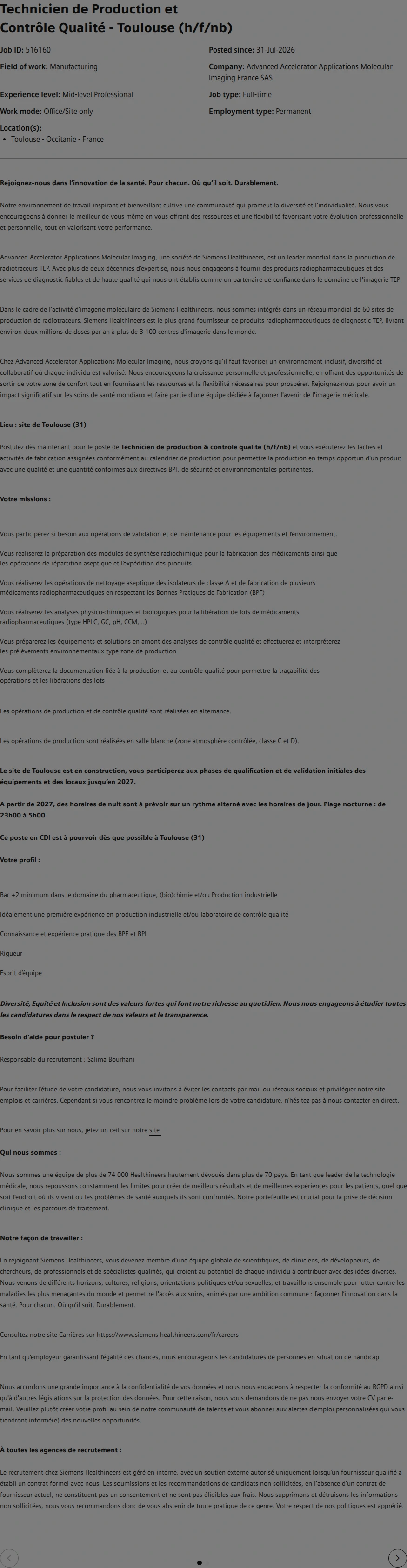 SiemensHealthineers Technicien de Production et Contrôle Qualité - Toulouse (h/f/nb) 채용공고