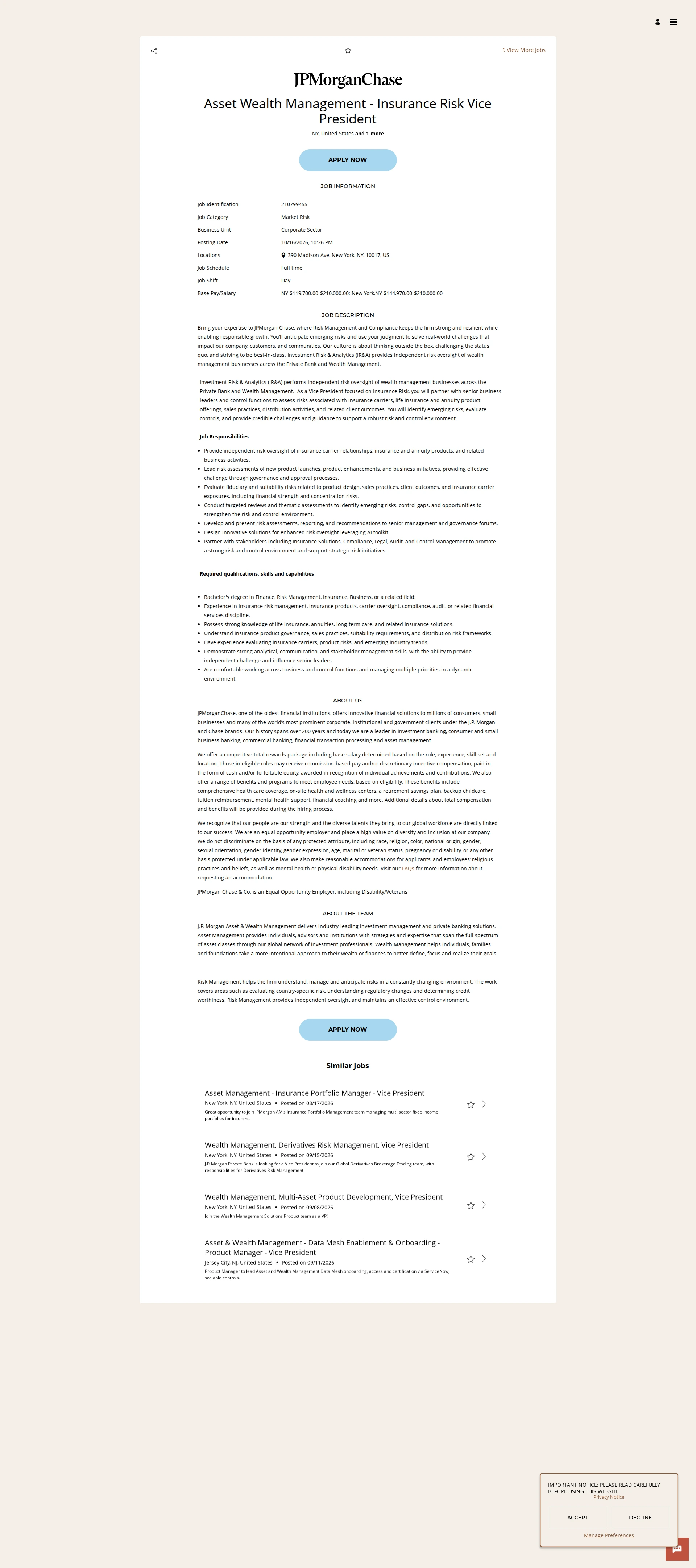 JPMorganChase Asset Wealth Management -  Insurance Risk Vice President 채용공고