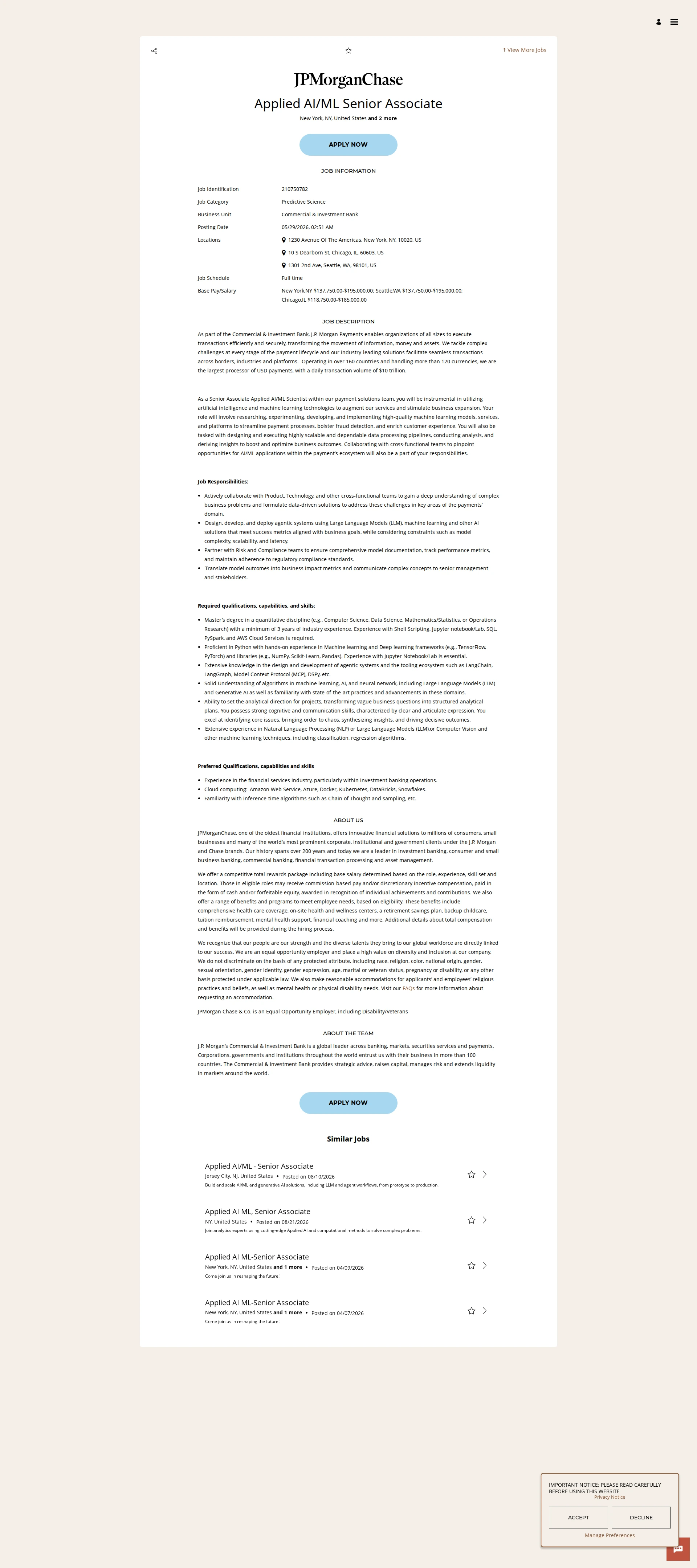 JPMorganChase Applied AI/ML Senior Associate 채용공고