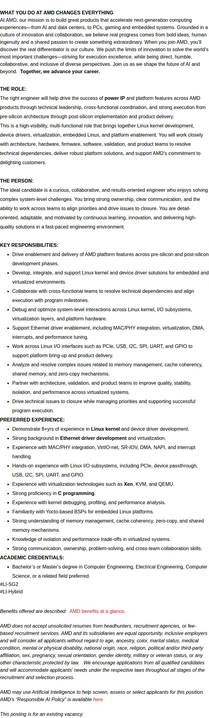 AMD Senior Linux Kernel Developer – Ethernet Drivers & Virtualization 채용공고