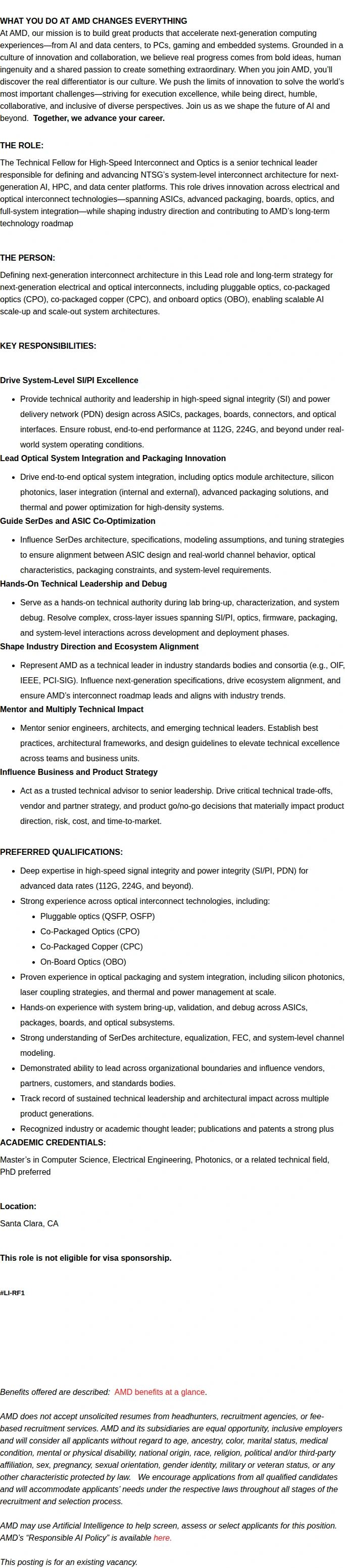 AMD Technical Fellow - High-Speed Interconnect & Optics 채용공고