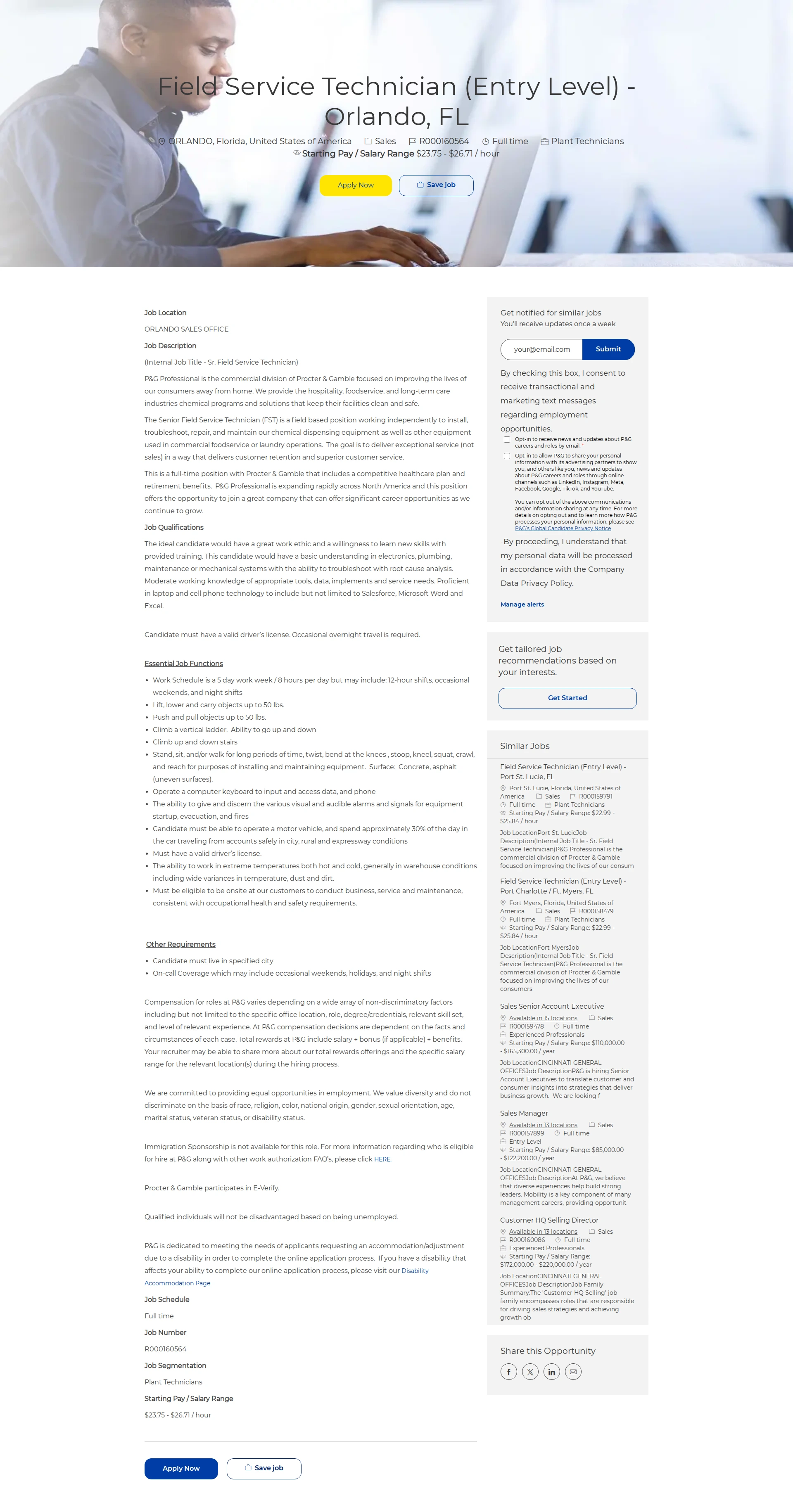 P&G Field Service Technician (Entry Level) - Orlando, FL 채용공고