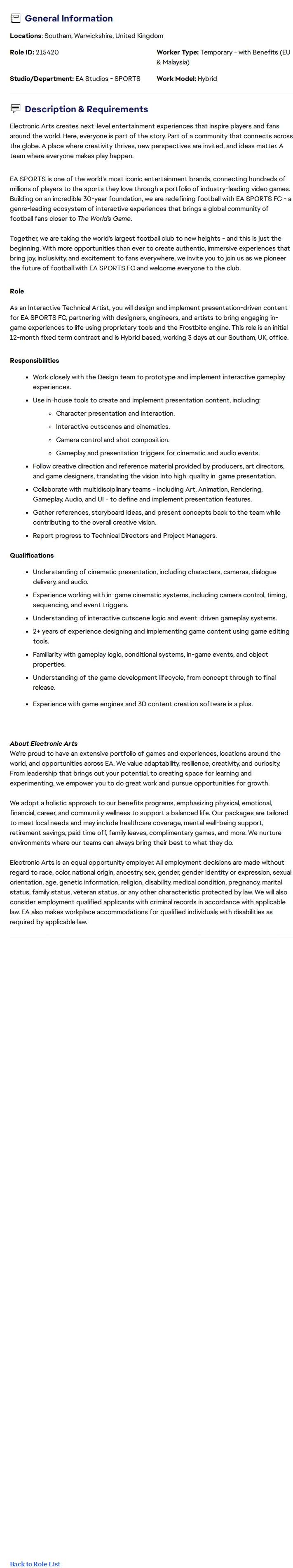 ElectronicArts Interactive Technical Artist - EA Sports FC 채용공고