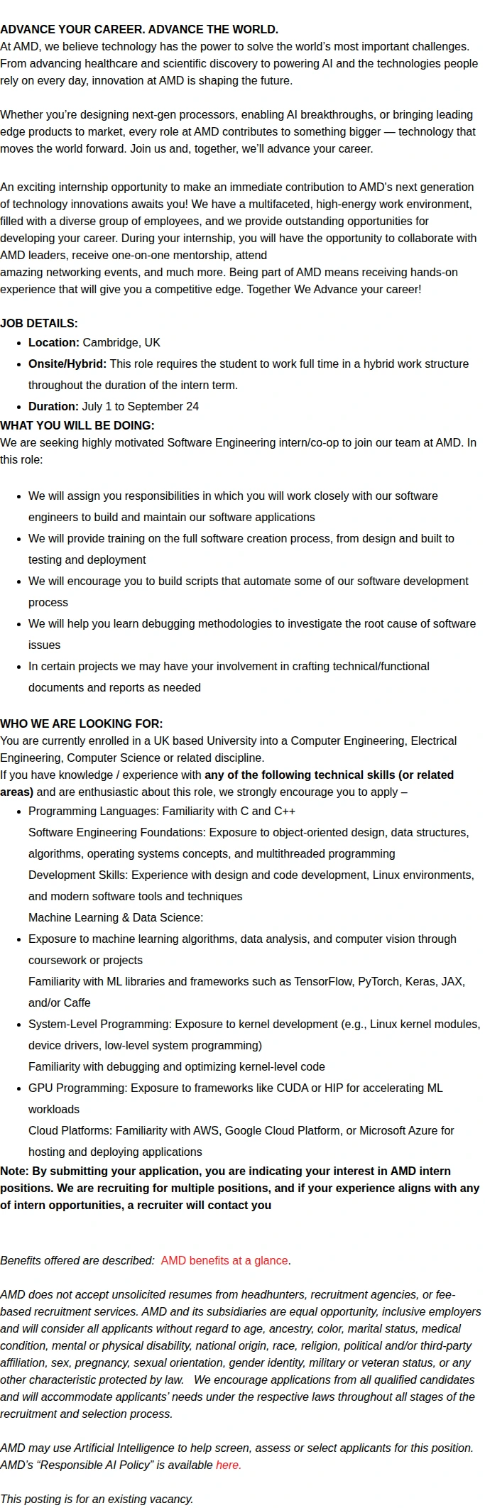 AMD Summer 2027 Software Engineer Intern 채용공고
