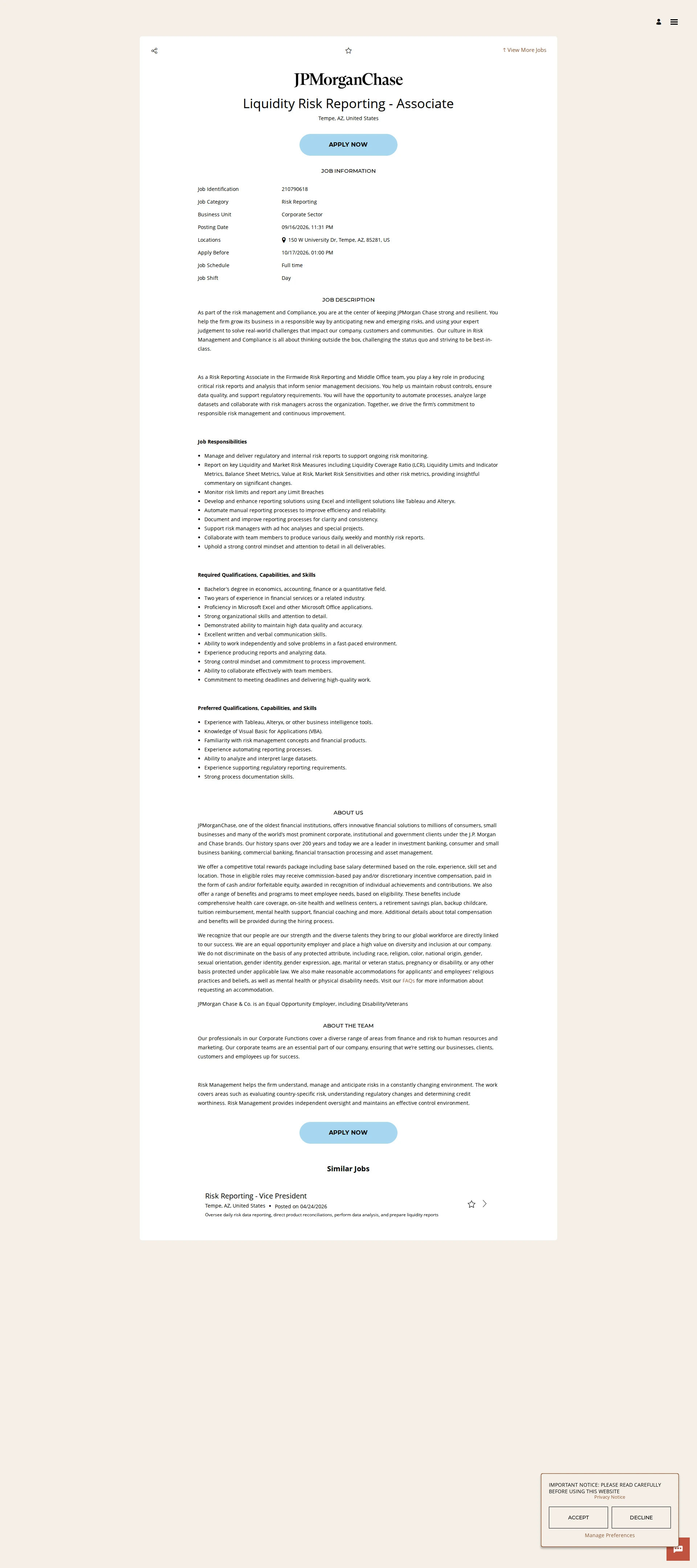JPMorganChase Liquidity Risk Reporting - Associate 채용공고