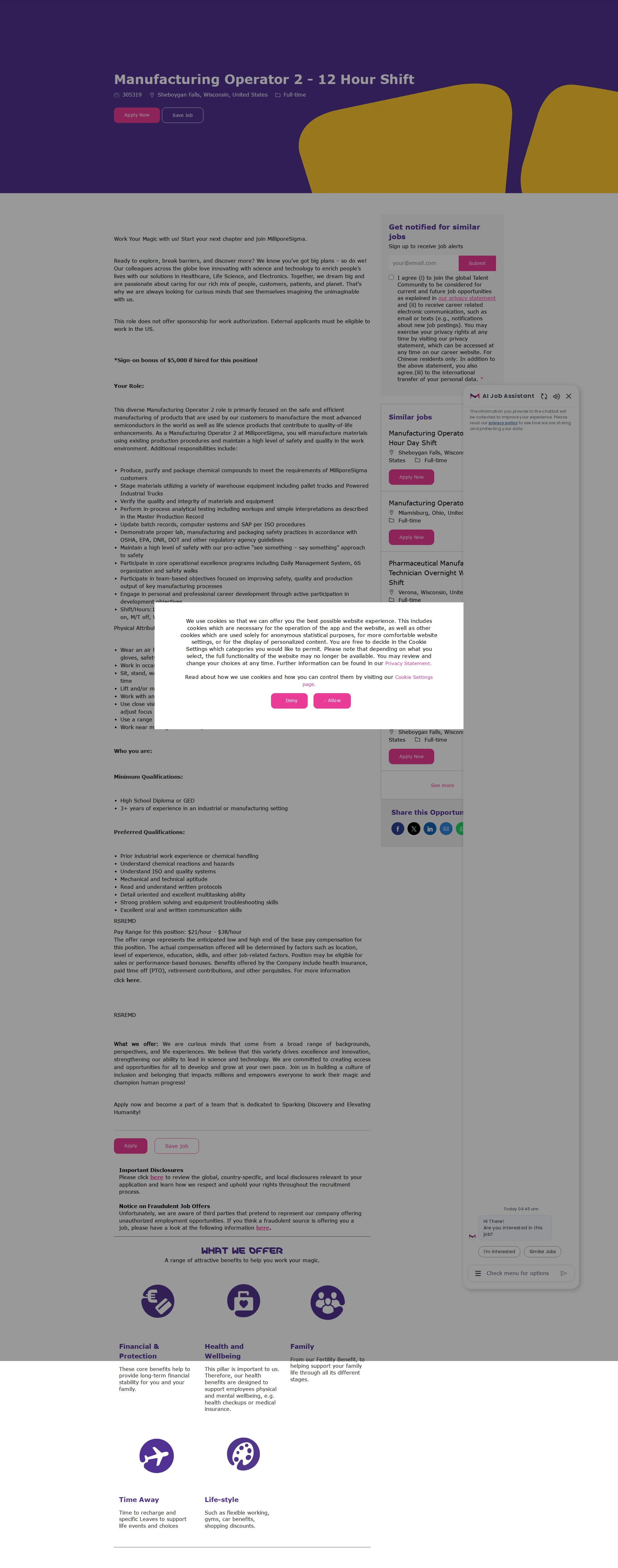 머크 Manufacturing Operator 2 - 12 Hour Shift 채용공고