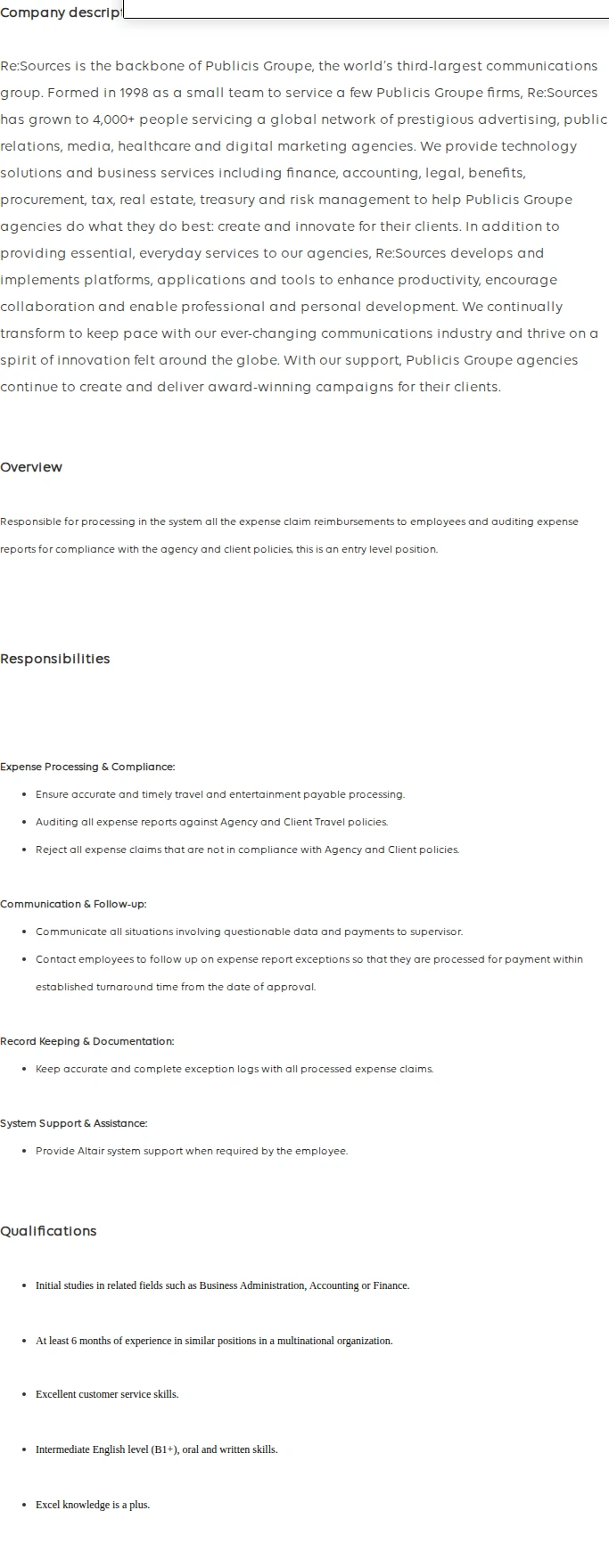 Publicis Groupe Staff Travel & Expense (temporary position 3 months) 채용공고