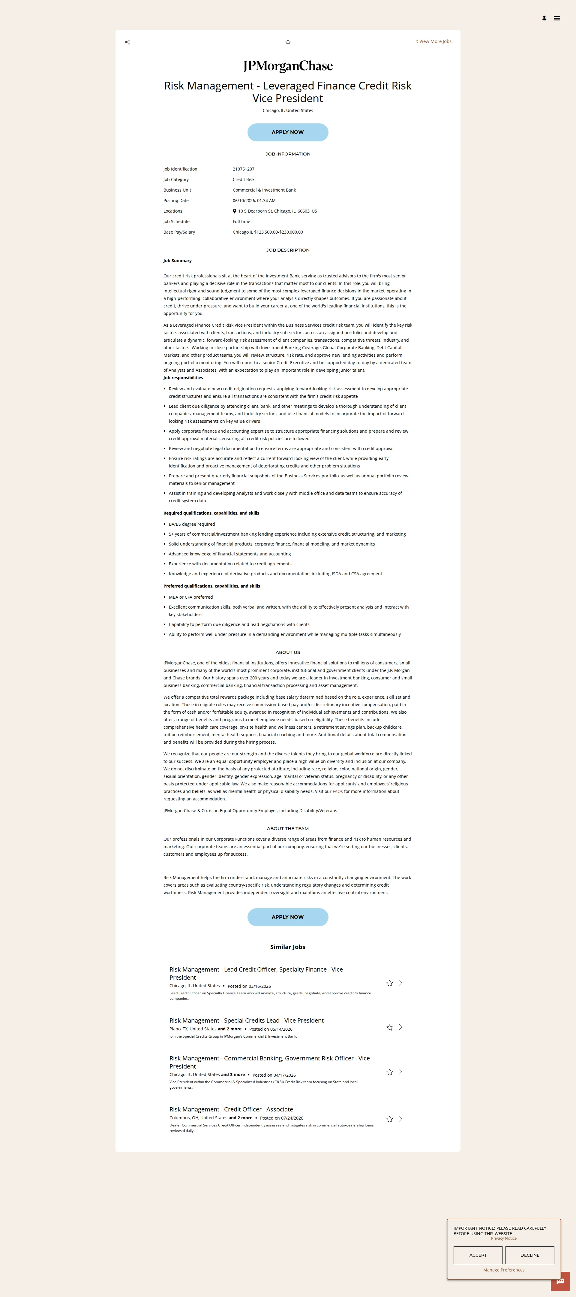 JPMorganChase Risk Management - Leveraged Finance Credit Risk Vice President 채용공고
