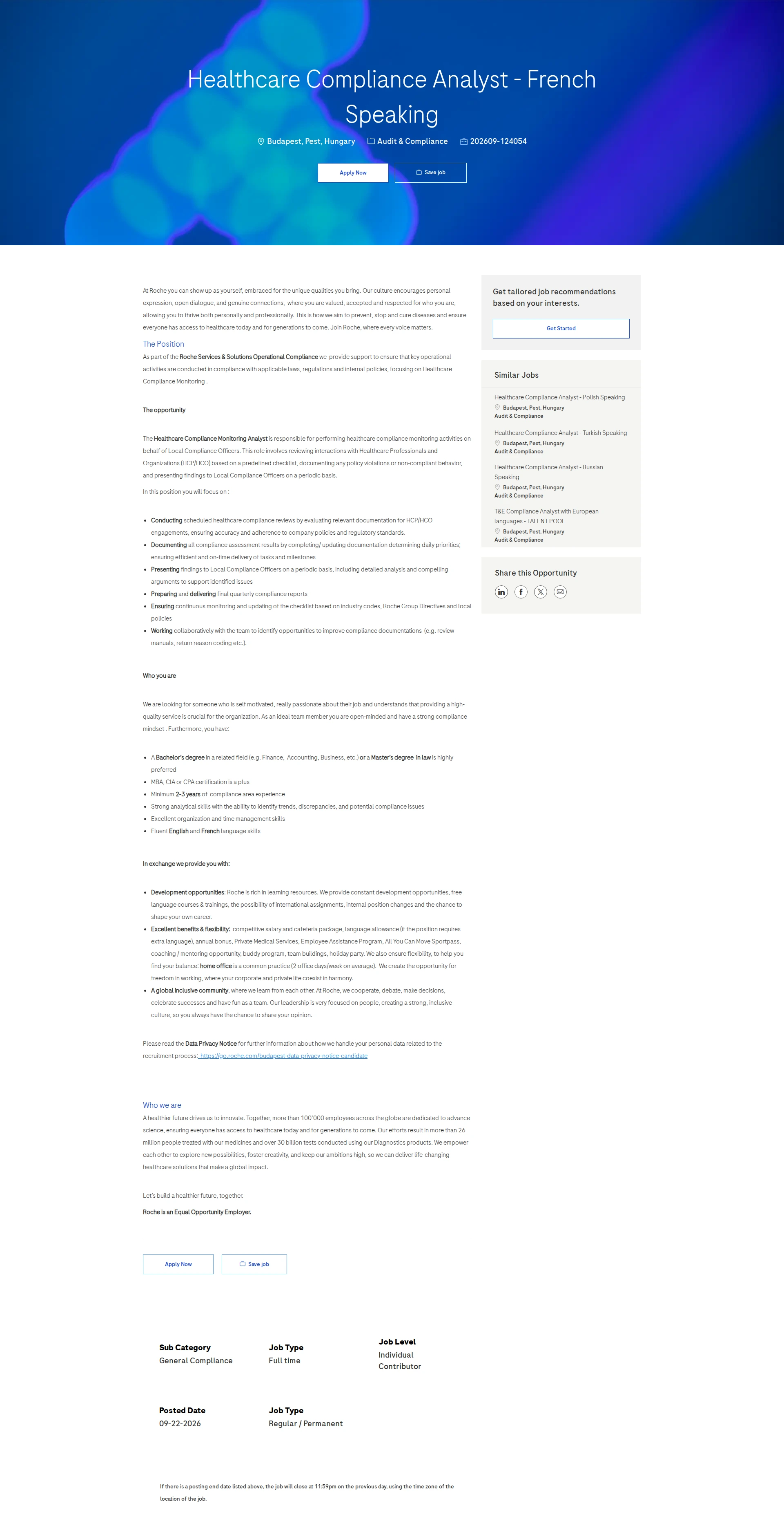 로슈 Healthcare Compliance Analyst - French Speaking 채용공고