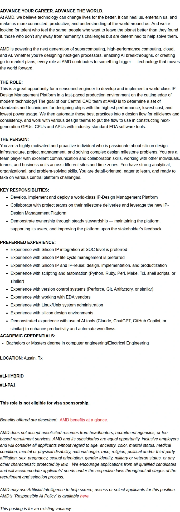 AMD Silicon Design Infrastructure - IP Management Solution 채용공고