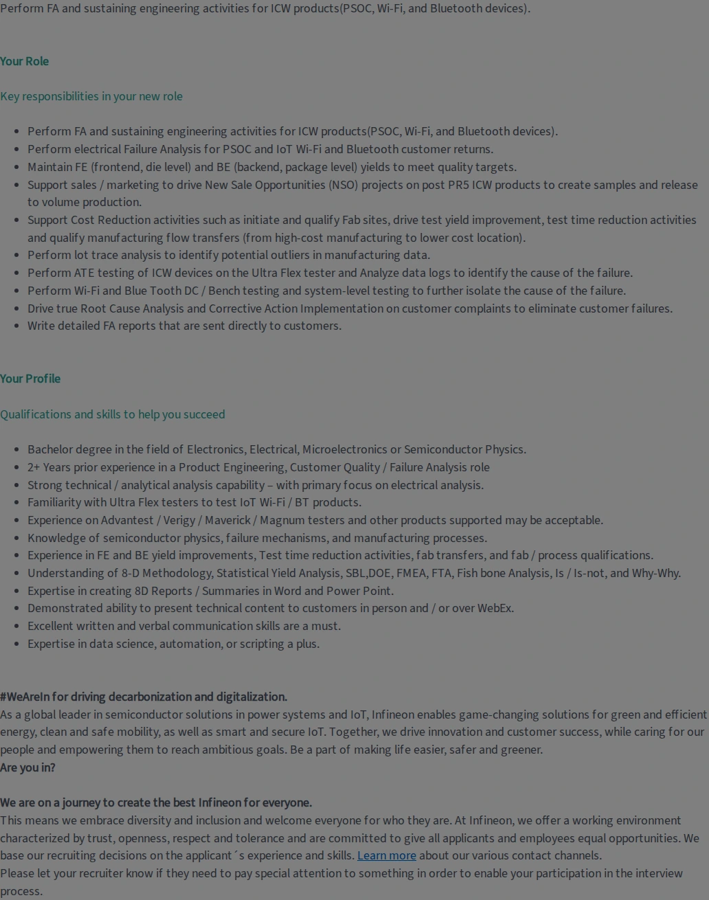 인피니언테크놀로지스코리아 Senior Engineer Product Engineering 채용공고