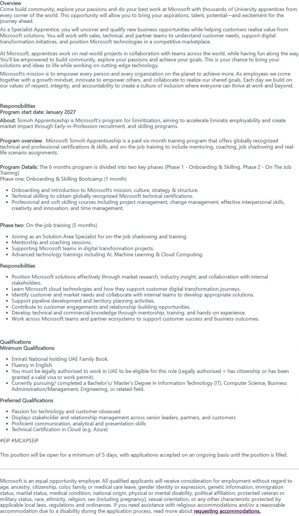 마이크로소프트(Microsoft) Specialist - Tomoh Apprenticeship 채용공고