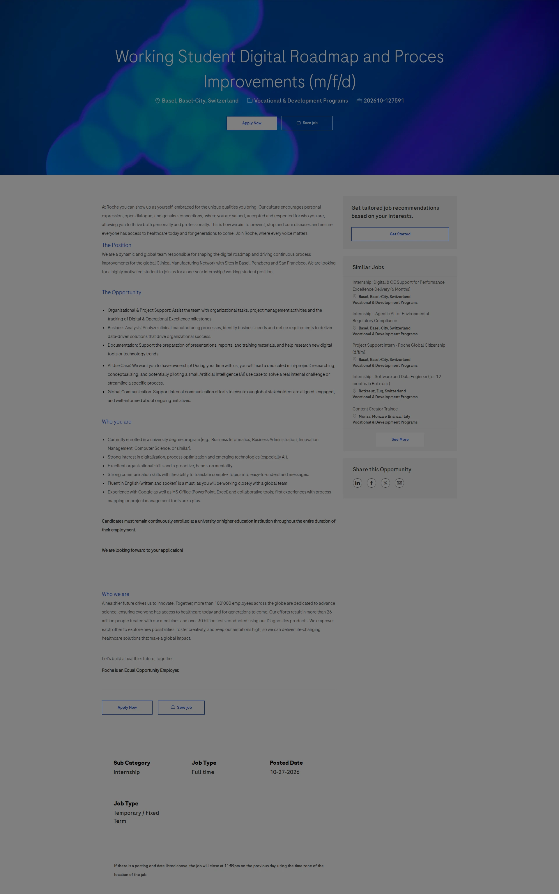 로슈 Working Student Digital Roadmap and Proces Improvements (m/f/d) 채용공고
