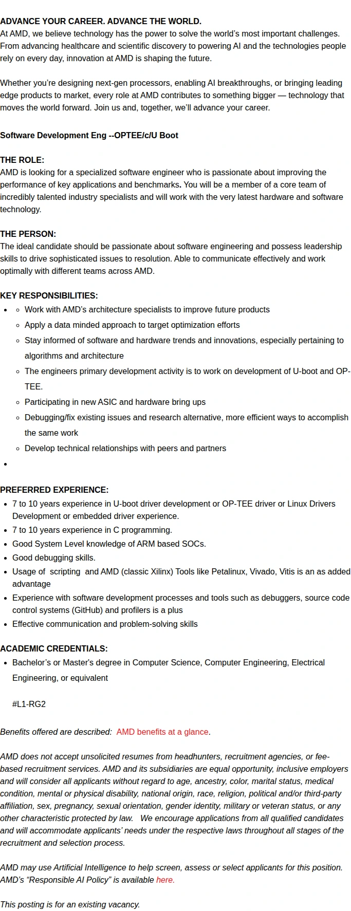 AMD Software Development Eng --OPTEE/c/U Boot 채용공고