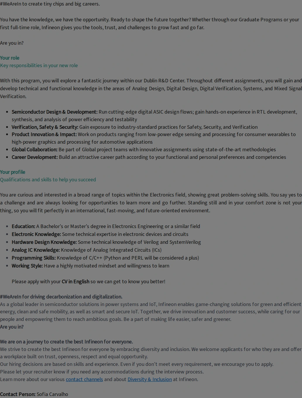 인피니언테크놀로지스코리아 Junior Engineer Graduate Program – Dublin (f/m/div) 채용공고