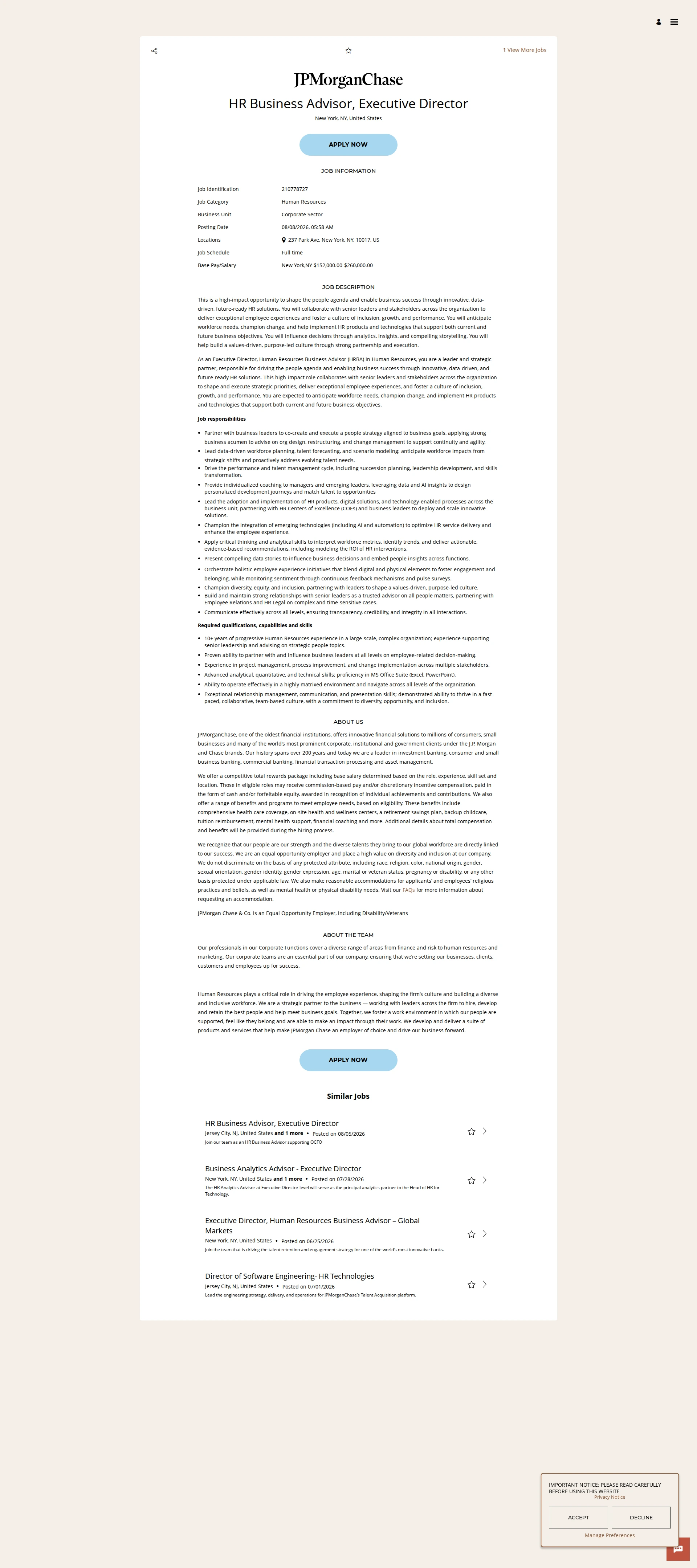 JPMorganChase HR Business Advisor, Executive Director 채용공고