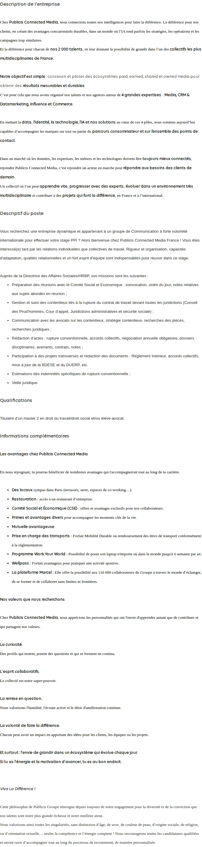 Publicis Groupe Stage Janvier 2027 - Assitant Juriste Droit Social (H/F) 채용공고