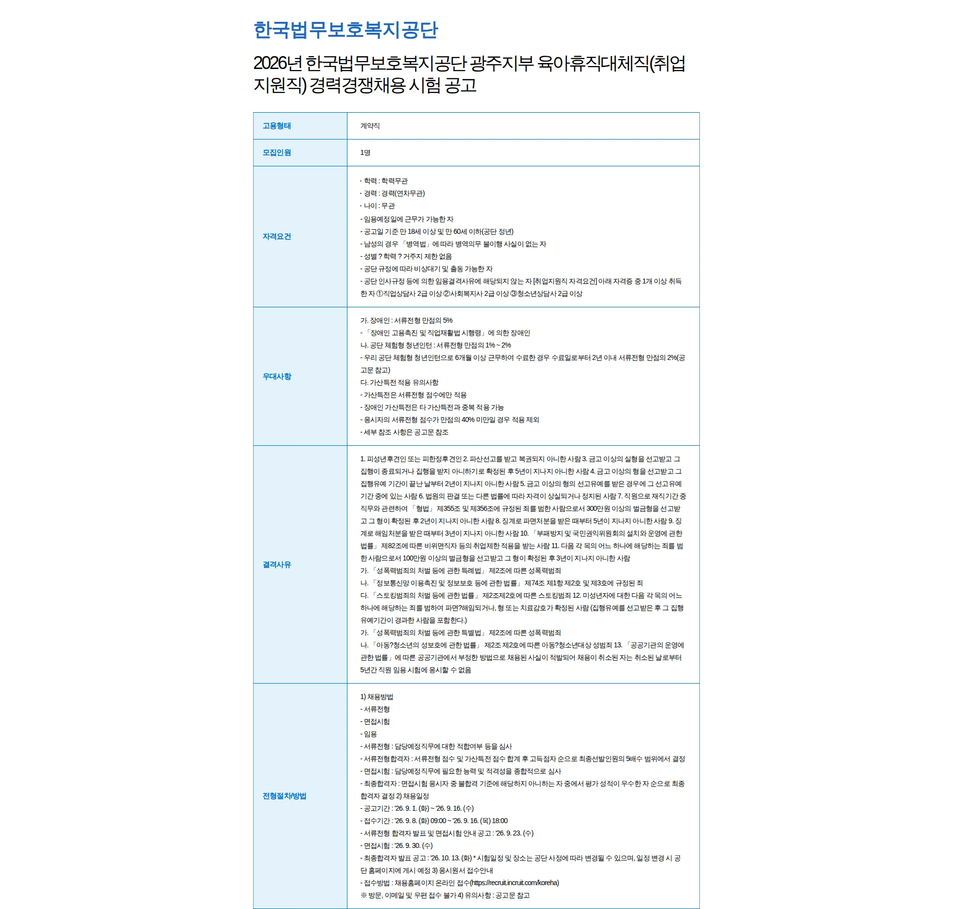 한국법무보호복지공단 2026년 한국법무보호복지공단 광주지부 육아휴직대체직(취업지원직) 경력경쟁채용 시험 공고 채용공고