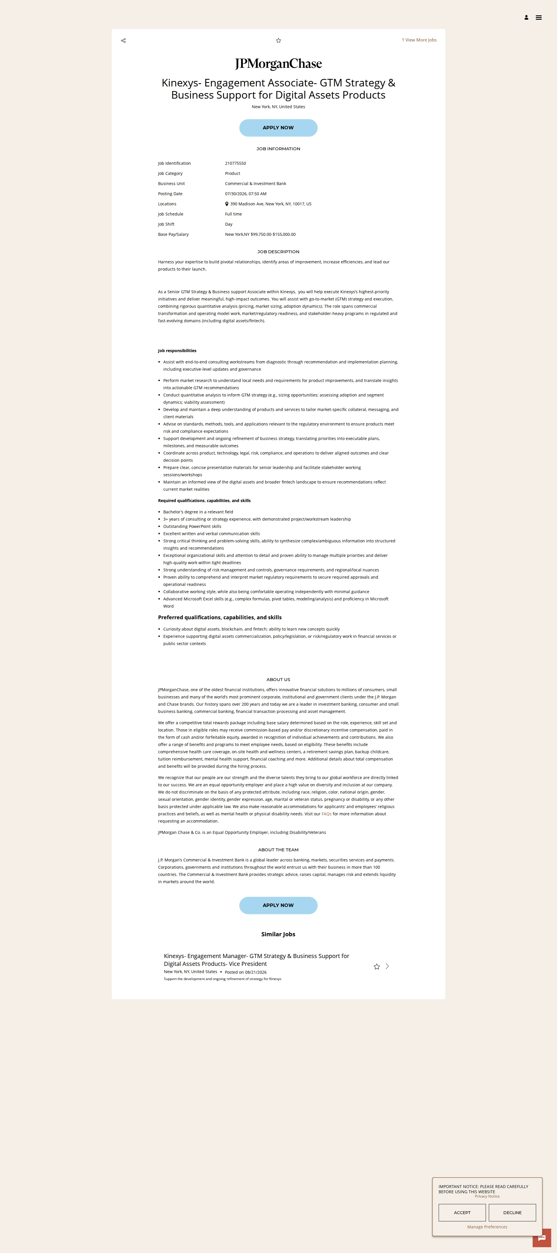 JPMorganChase Kinexys- Engagement Associate- GTM Strategy & Business Support for Digital Assets Products 채용공고