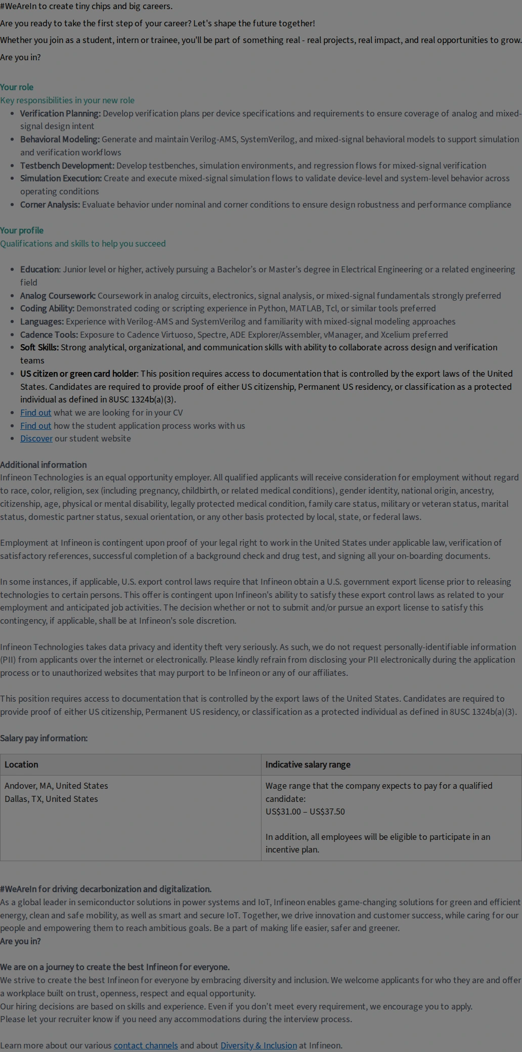 인피니언테크놀로지스코리아 Internship - Analog Mixed-Signal Design Verification Engineer 채용공고
