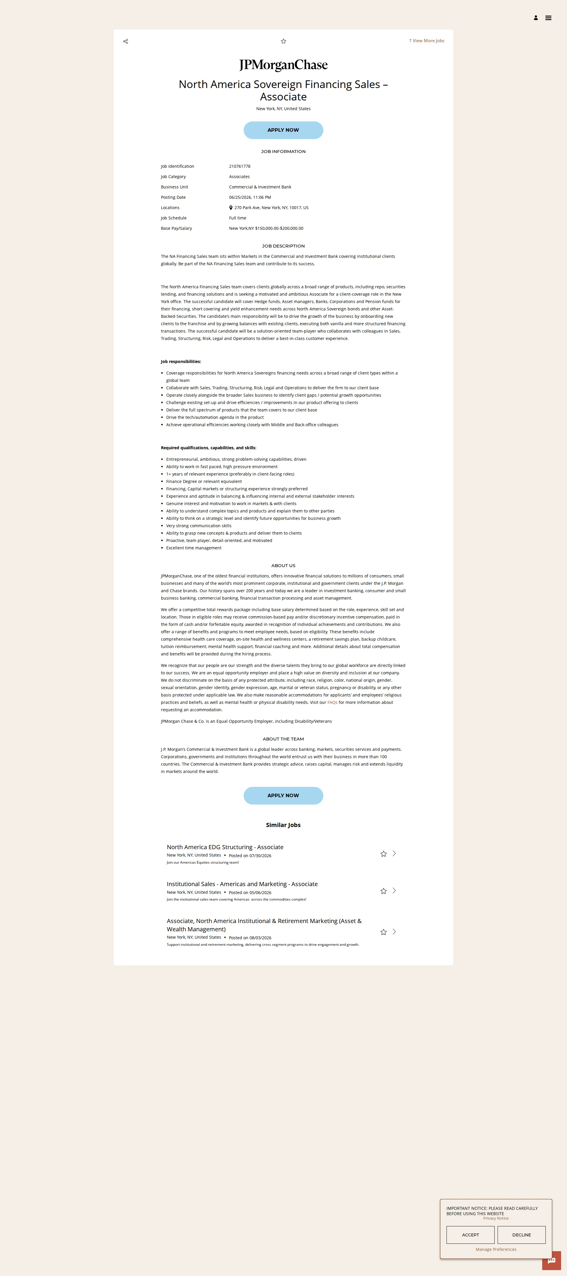 JPMorganChase North America Sovereign Financing Sales – Associate 채용공고