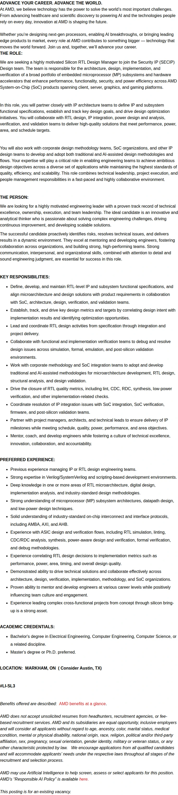 AMD Sr. Manager Silicon Design Engineering 채용공고
