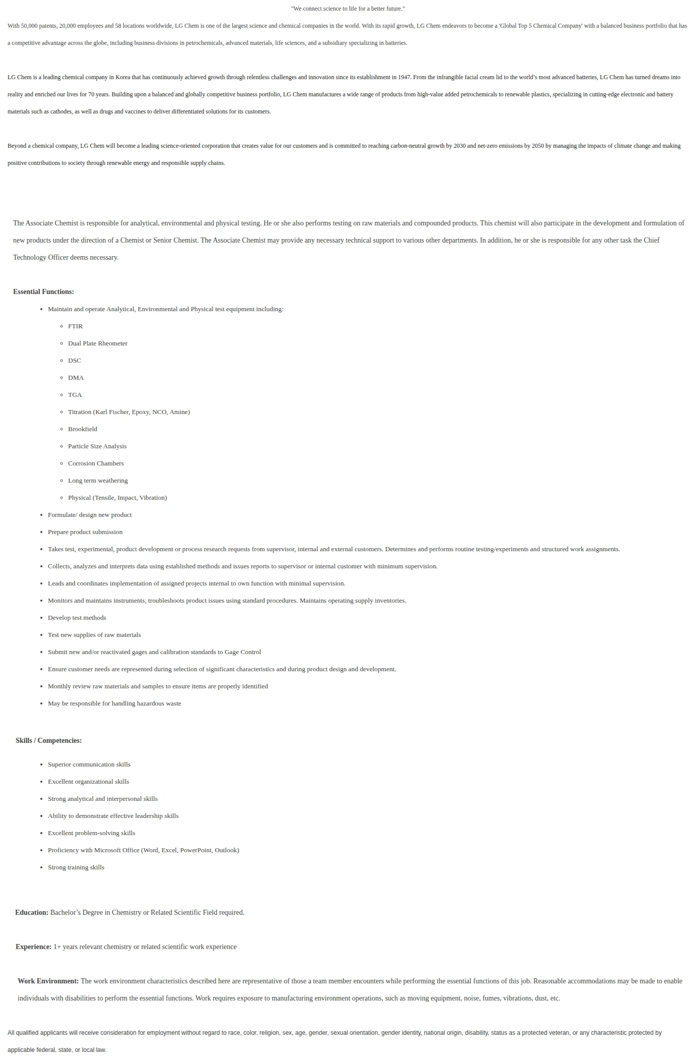 LG전자 Associate Chemist (Entry-level) 채용공고