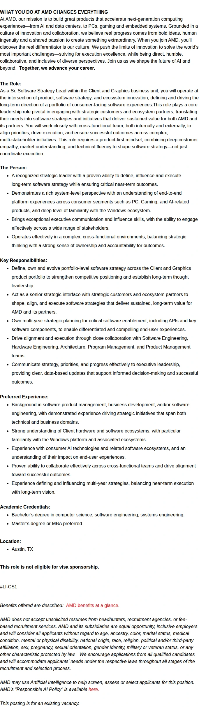 AMD Sr. Software Strategy Lead 채용공고