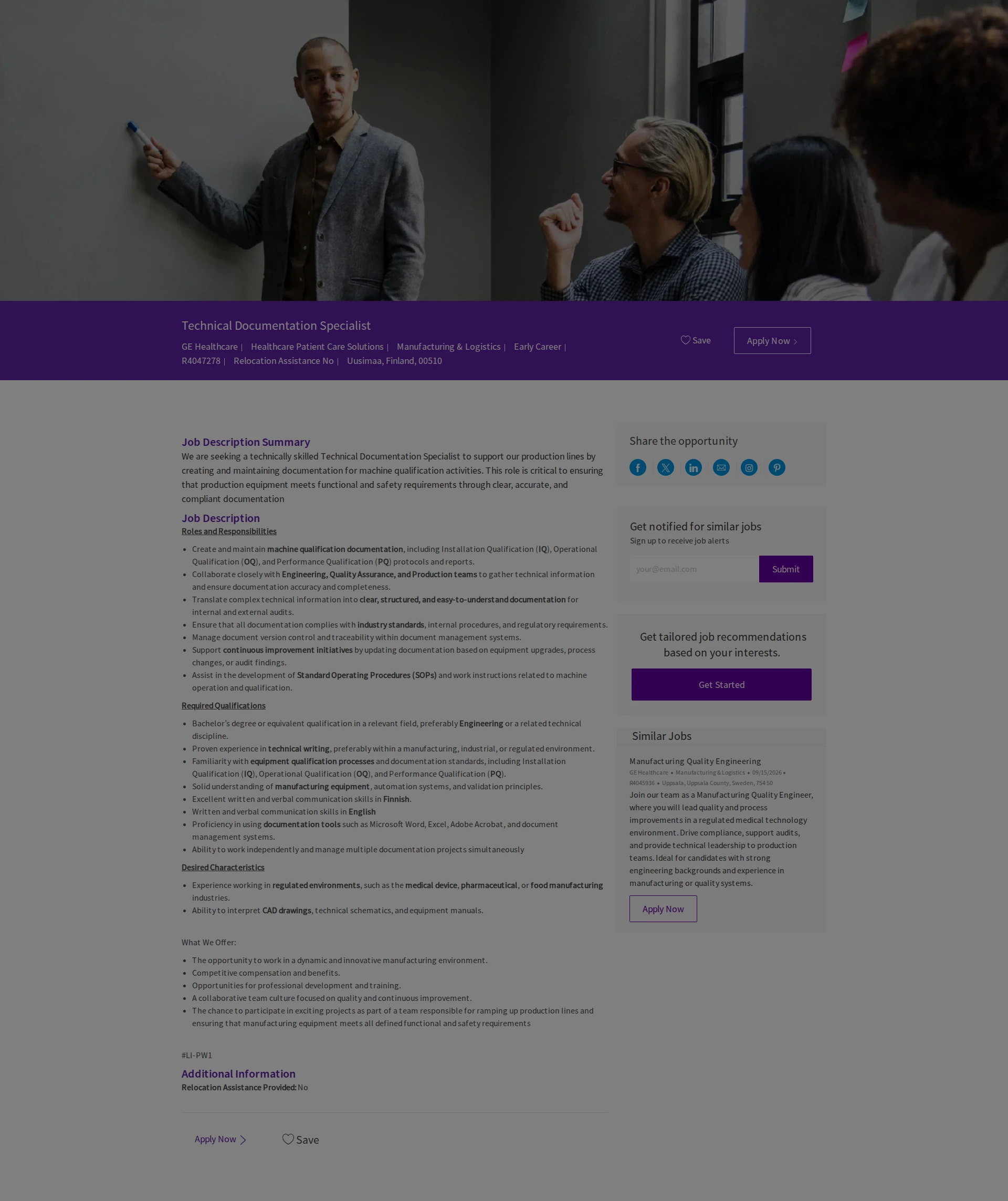 GE헬스케어 Technical Documentation Specialist 채용공고