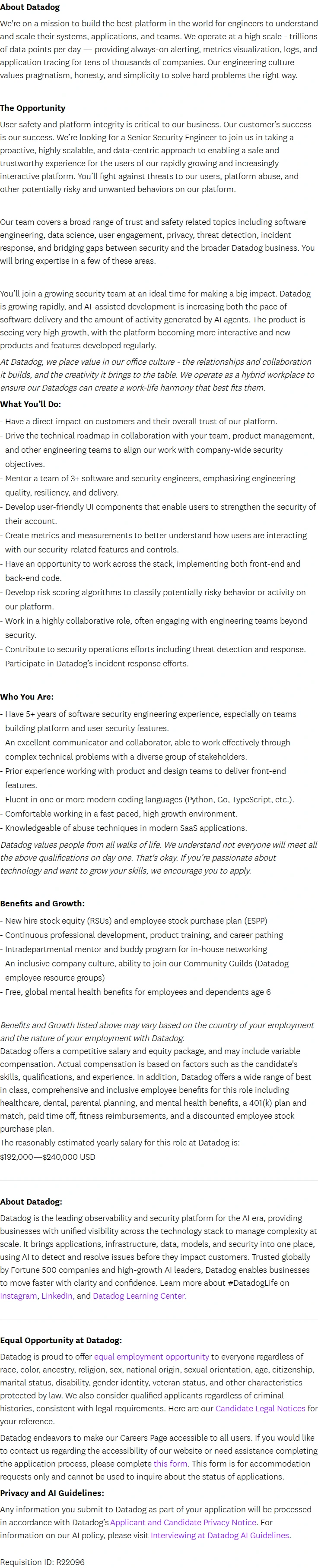 데이터독 Senior Security Engineer - Platform Trust & Safety 채용공고
