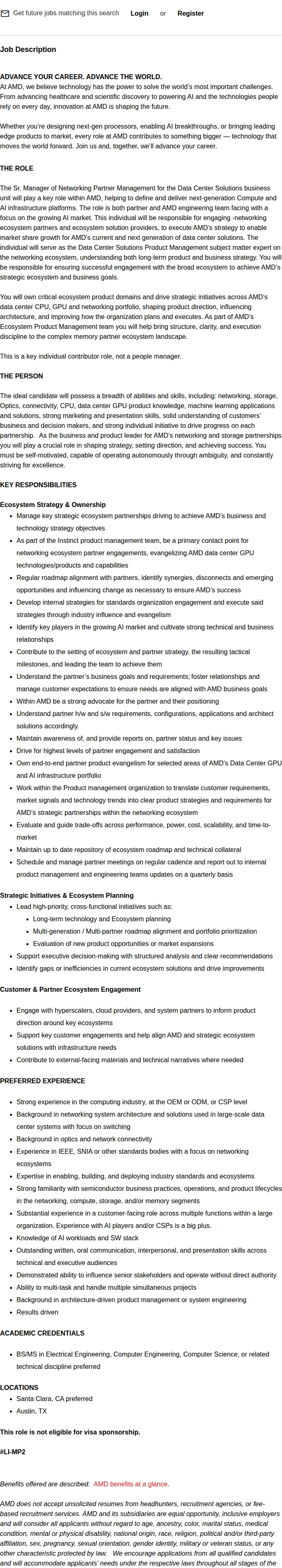 AMD Sr. Manager, Networking Partner Management, Product Management – Data Center Solutions 채용공고