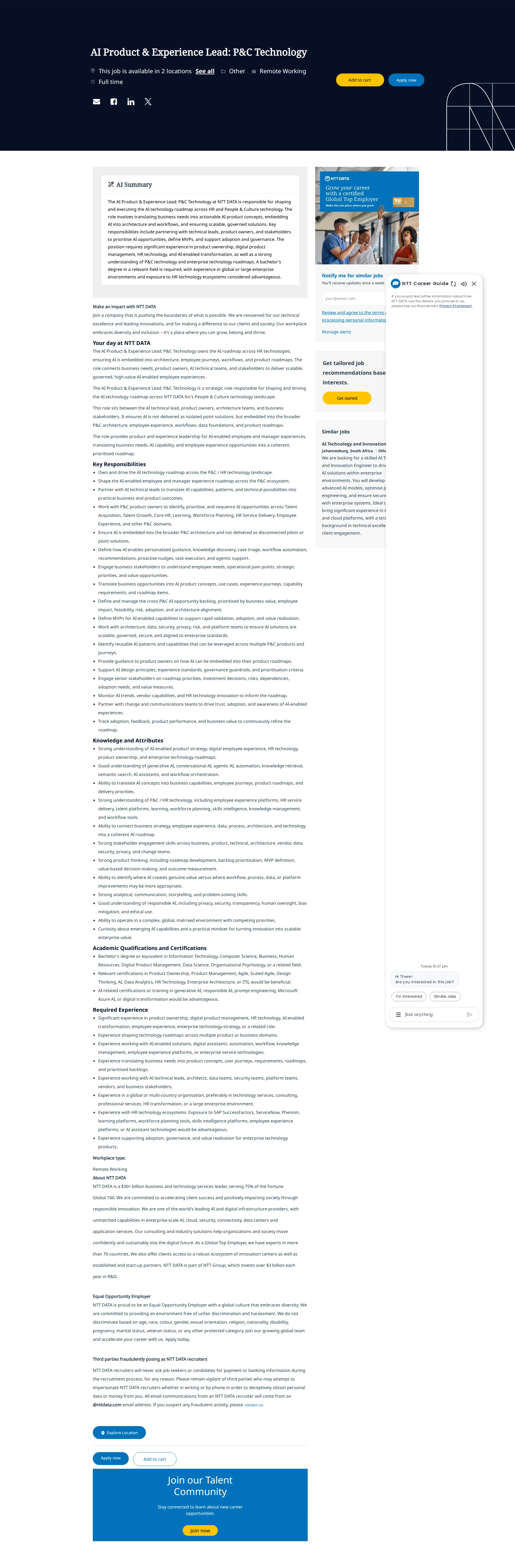 NTT데이터 AI Product & Experience Lead: P&C Technology 채용공고