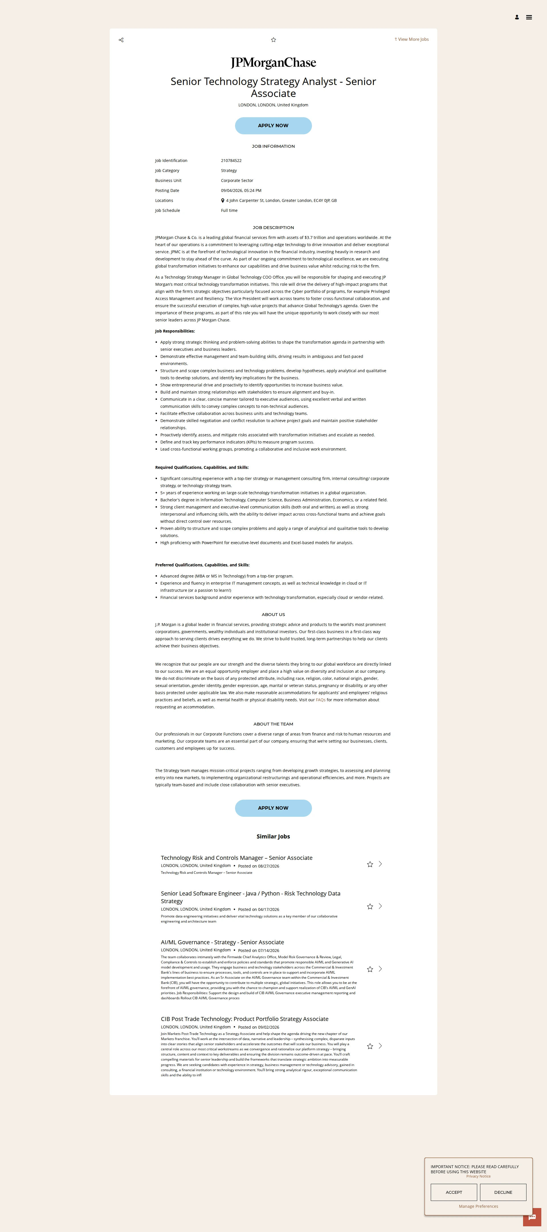 JPMorganChase Senior Technology Strategy Analyst - Senior Associate 채용공고
