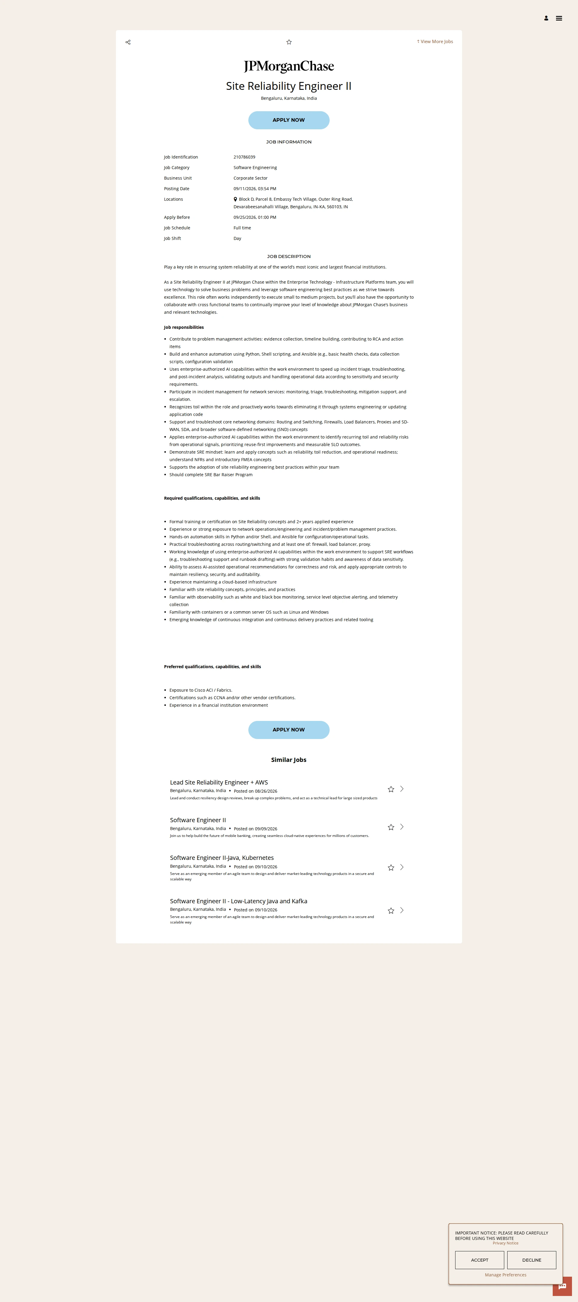 JPMorganChase Site Reliability Engineer II 채용공고