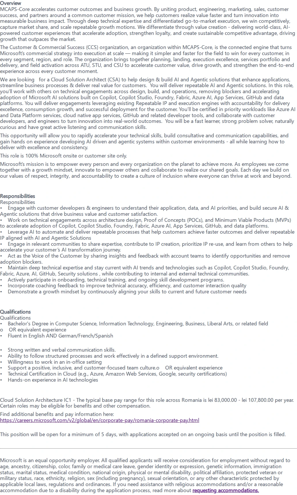 마이크로소프트(Microsoft) Cloud Solution Architect - Entry Level 채용공고