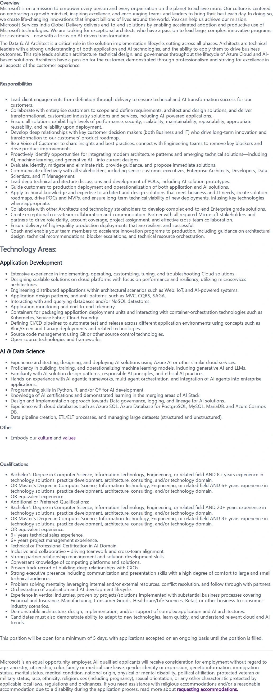 마이크로소프트(Microsoft) Principal Architect - Data AI 채용공고
