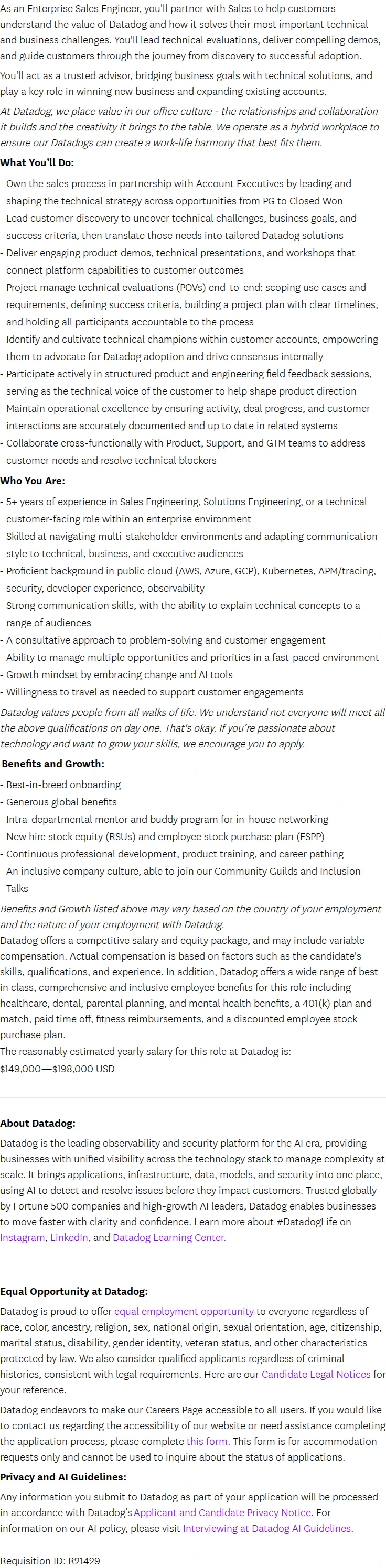 데이터독 Senior Sales Engineer - New England 채용공고