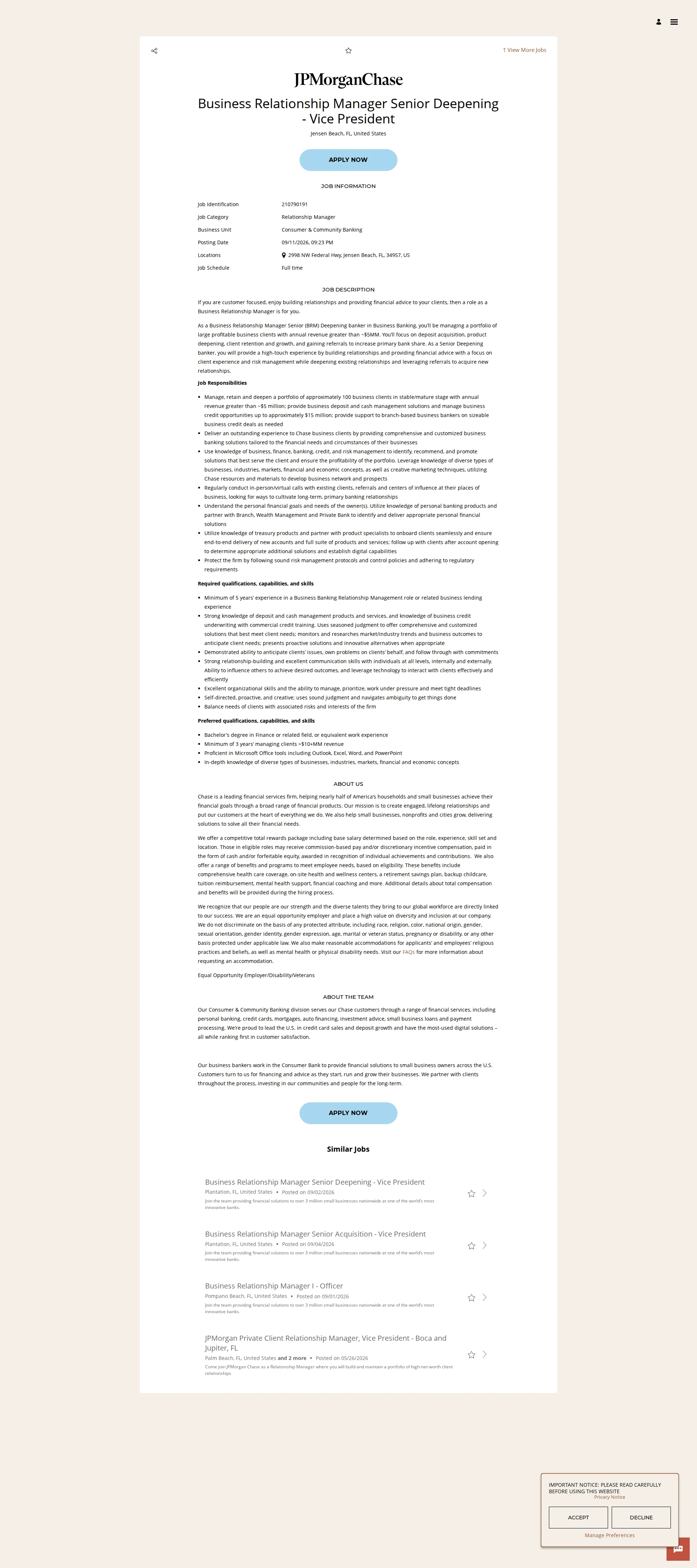 JPMorganChase Business Relationship Manager Senior Deepening - Vice President 채용공고