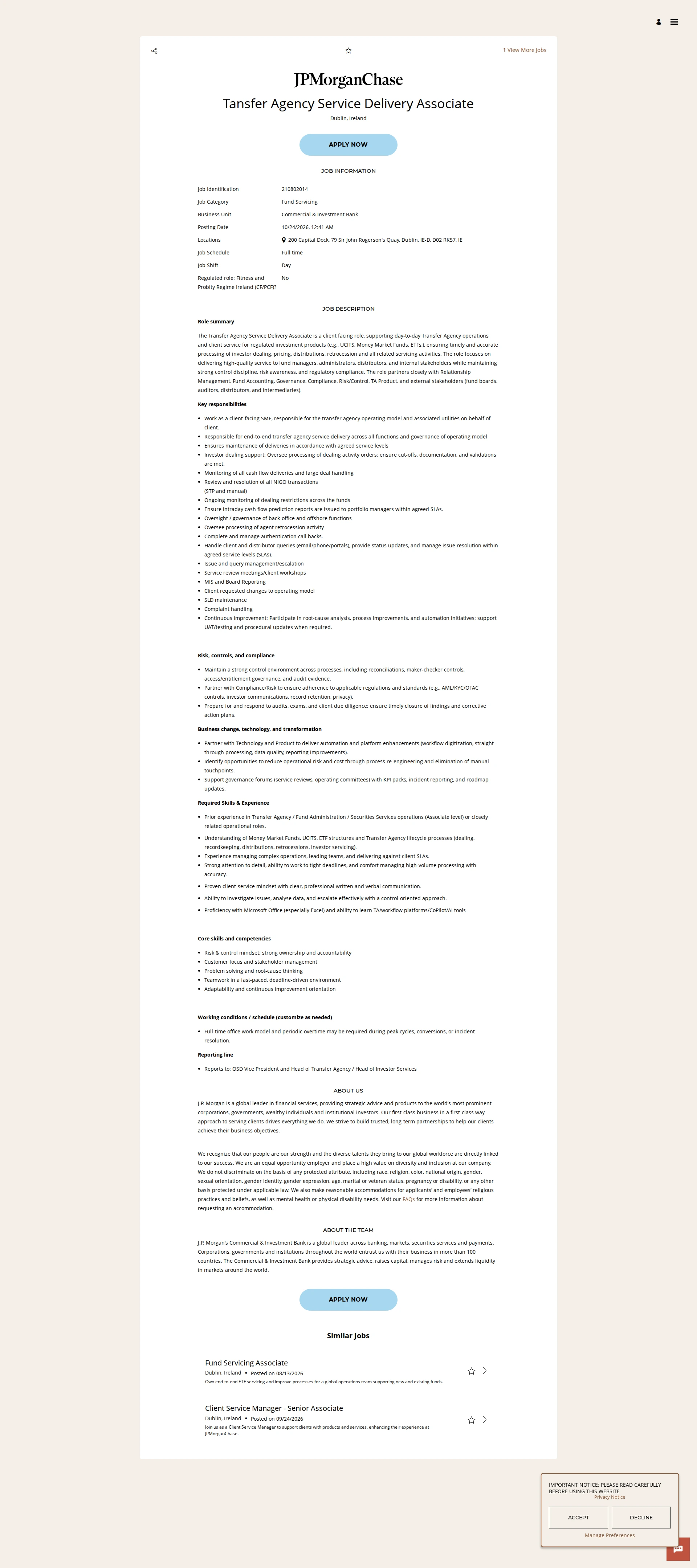 JPMorganChase Tansfer Agency Service Delivery Associate 채용공고