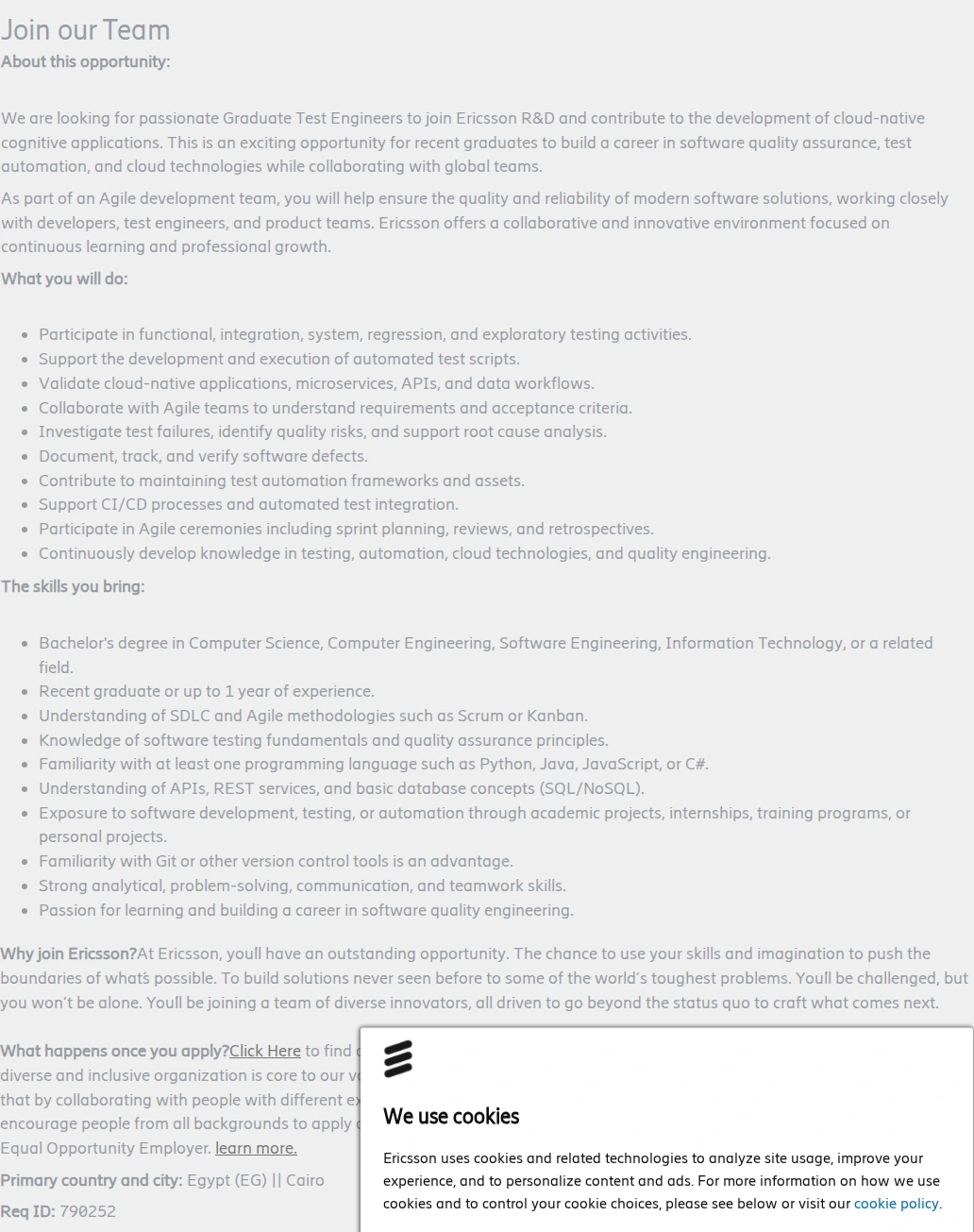 LG에릭슨 Graduate Software Test Automation Engineer 채용공고