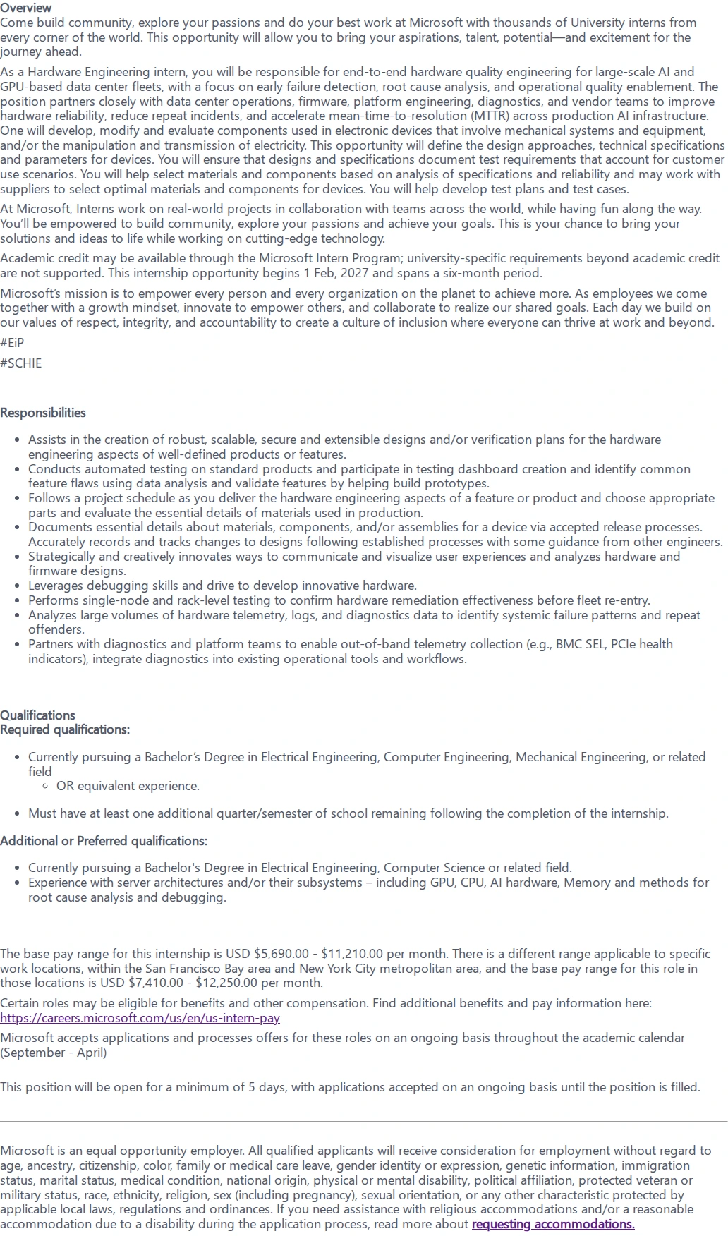 마이크로소프트(Microsoft) Hardware Engineering Internship (6-Month Program) 채용공고