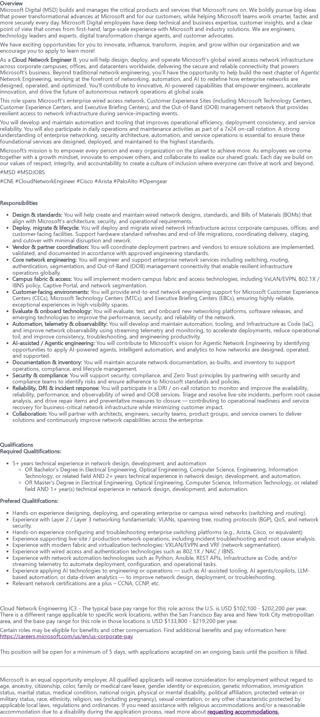 마이크로소프트(Microsoft) Cloud Network Engineering IC3 채용공고