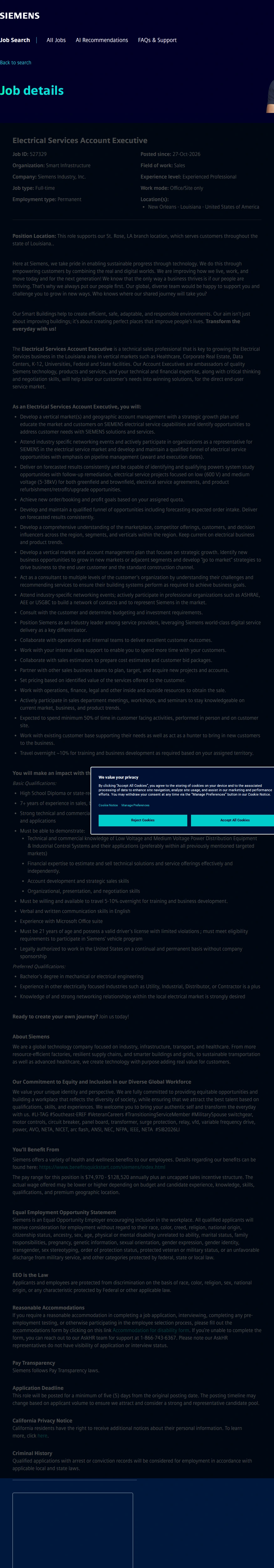 지멘스 Electrical Services Account Executive 채용공고
