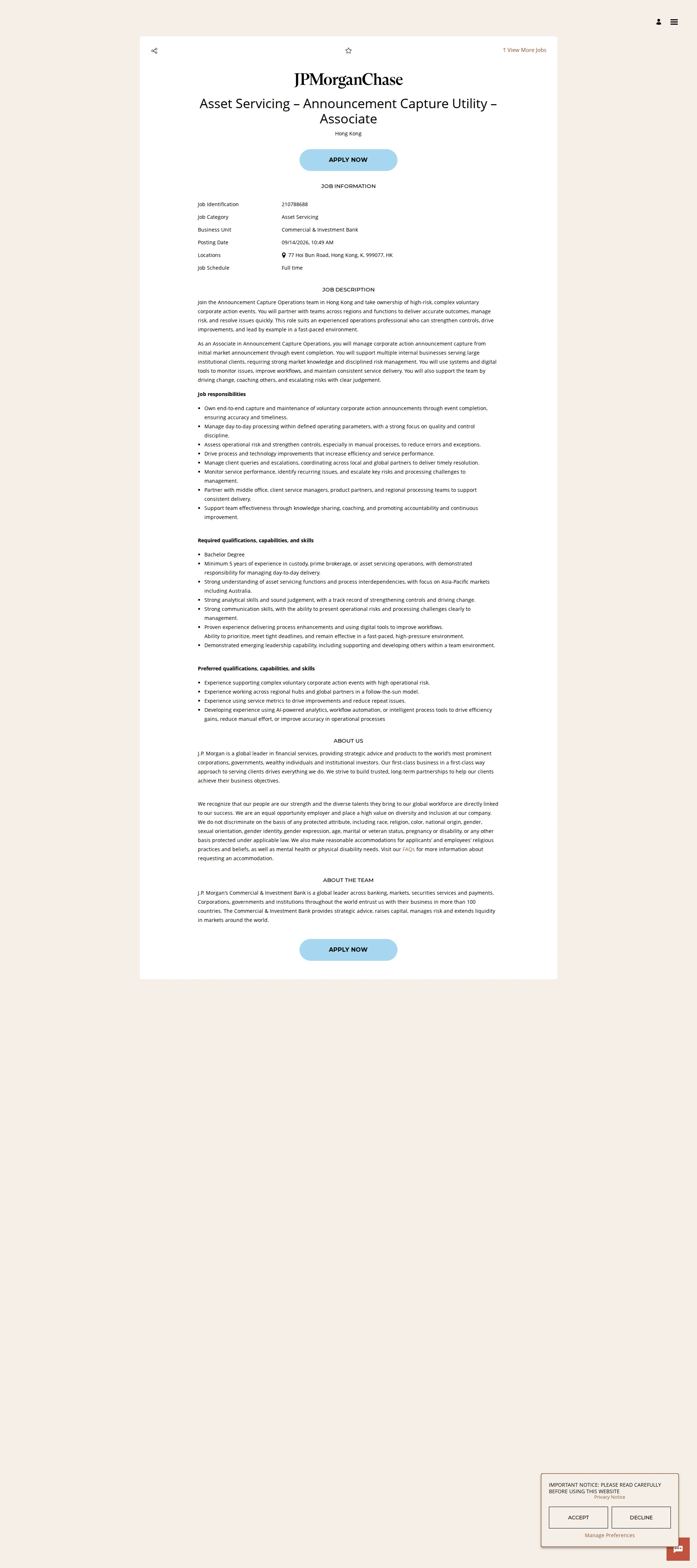 JPMorganChase Asset Servicing – Announcement Capture Utility – Associate 채용공고