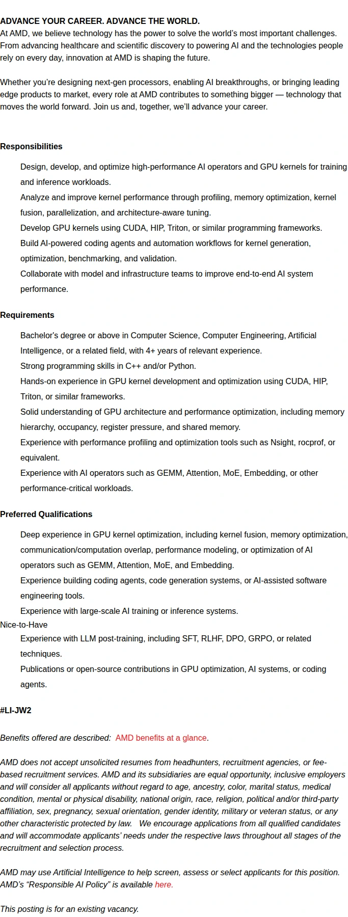 AMD Senior GPU Kernel Optimization Engineer 채용공고
