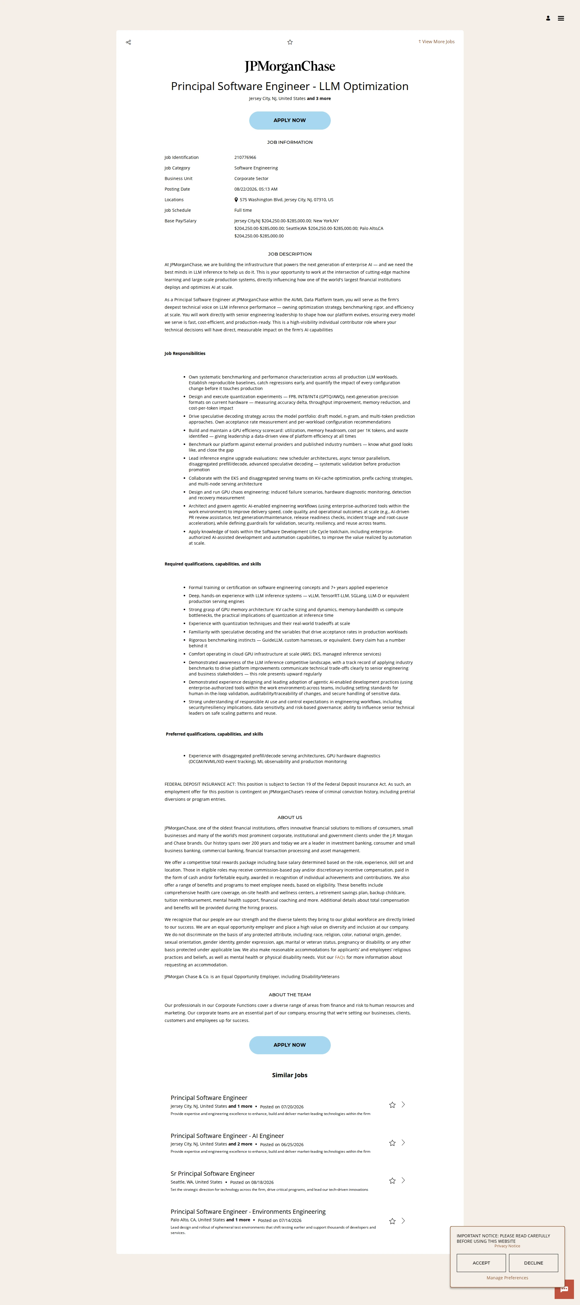 JPMorganChase Principal Software Engineer - LLM Optimization 채용공고