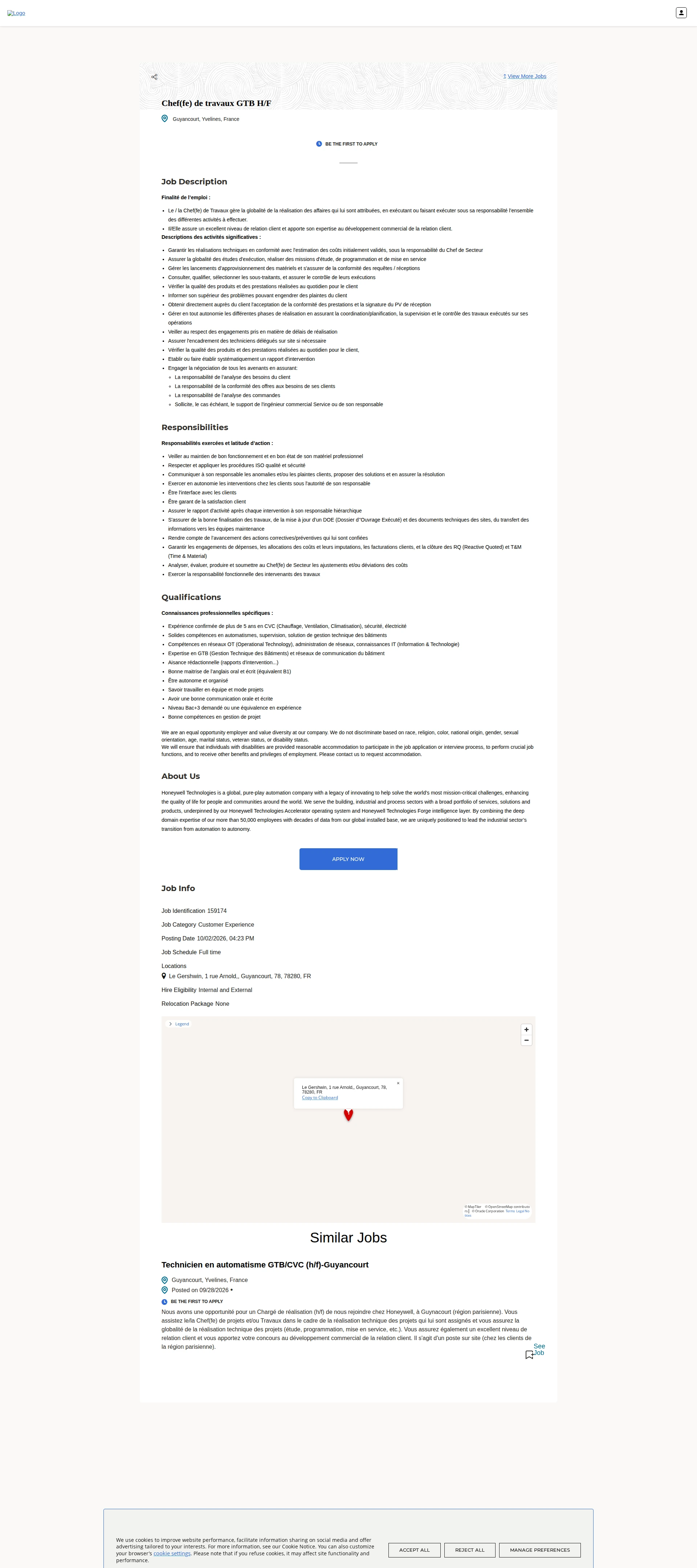 허니웰 Chef(fe) de travaux GTB H/F 채용공고