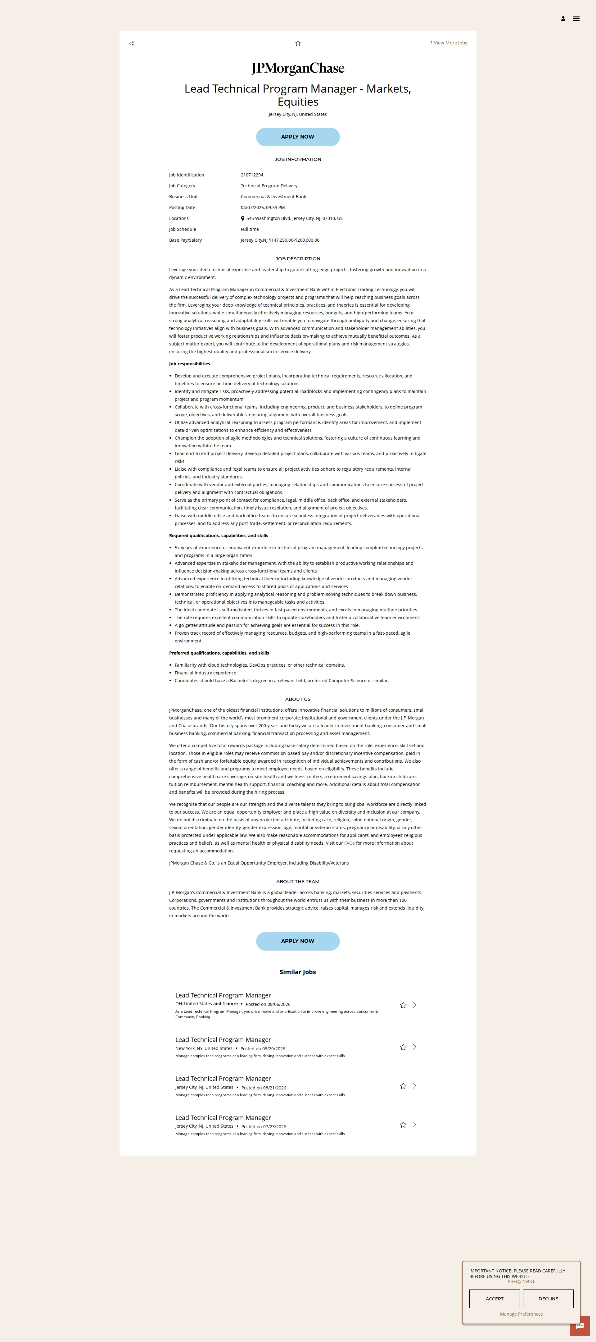 JPMorganChase Lead Technical Program Manager - Markets, Equities 채용공고