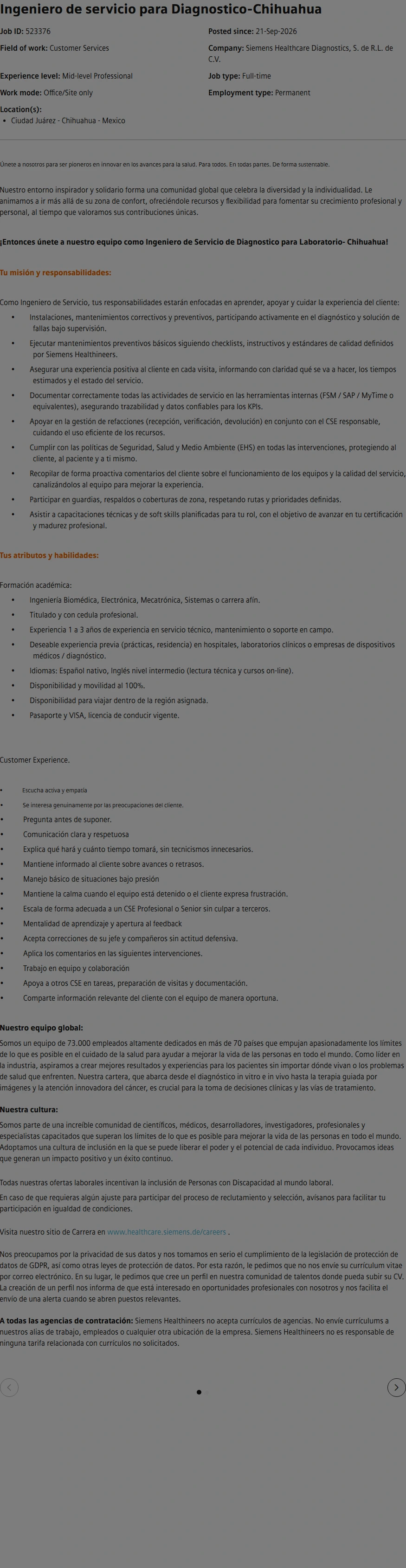 SiemensHealthineers Ingeniero de servicio para Diagnostico-Chihuahua 채용공고