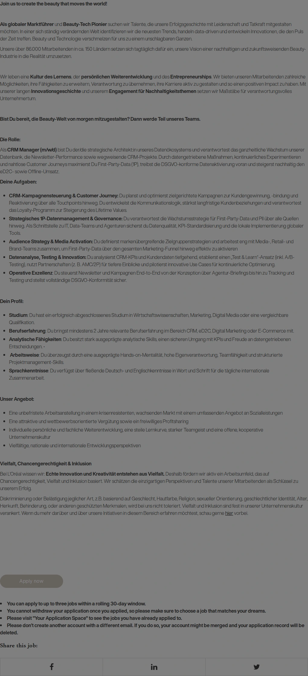 로레알(L'Oreal) CRM Manager (m/w/d) 채용공고